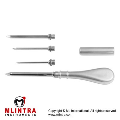 Universal Trocar With 4 Trocar Tips Diameter 1.7 mm, 3.0 mm, 4.5 mm and 6.0 mm Stainless Steel, 14.5 cm - 5 3/4" Universal Trocar With 4 Trocar Tips Diameter 1.7 mm, 3.0 mm, 4.5 mm and 6.0 mm Stainless Steel, 14.5 cm - 5 3/4"